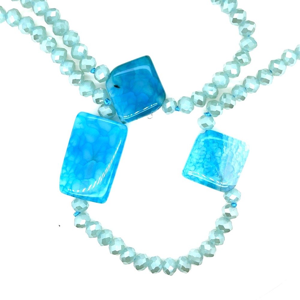 Gardenia Women Blue Beaded Multi Strand Necklace Square Faux Agate Long 29.5in